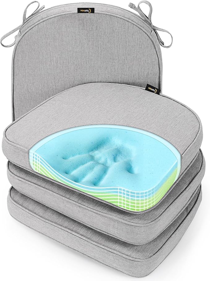 SUNROX Gel Memory Foam Chair Cushions, FadeShield Water-, Stain-Resistant Durable Reversible Seat Cushion Pads with Ties for Indoor/Outdoor Kitchen Dining Office, 17"x16", Set of 4, Heather Grey