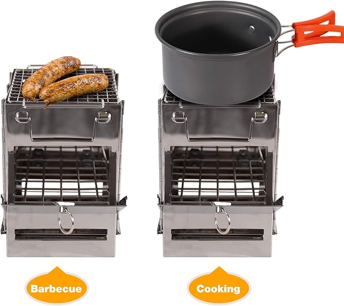 Portable Folding Camping Wood Stove for Outdoor Cooking, Sturdy Lightweight 304 Stainless Steel Wood Burning Camp Stove with Grill for Backpacking BBQ Small/Large (Small)