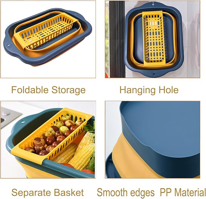 11L（2.91 Gallon） Collapsible Dish Basin with Drain Plug, Space Saving Outdoor Multiuse Foldable Sink Tub, Dishpan, Portable Kitchen Storage Tray for Vegetable Washing, Camping, RV (Yellow)