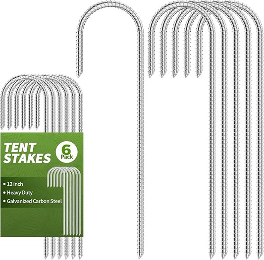 12 Inch Tent Stakes - Durable Galvanized Carbon Steel Trampoline Stakes, Garden Stakes with Thread Design for Enhanced Grip, Rebar Stakes for Beach, Outdoor, Grass, Garden (6 Pack)