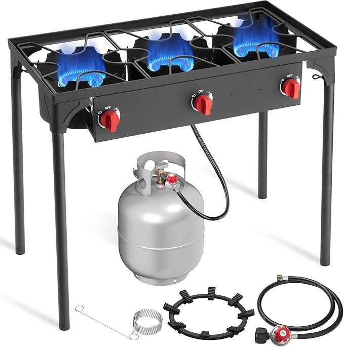 SKOK 3 Burner Propane Stove - Portable Camping Stove with 225,000 High Efficiency Propane Burner，Outdoor Stove for Camping, Backyard, Picnic