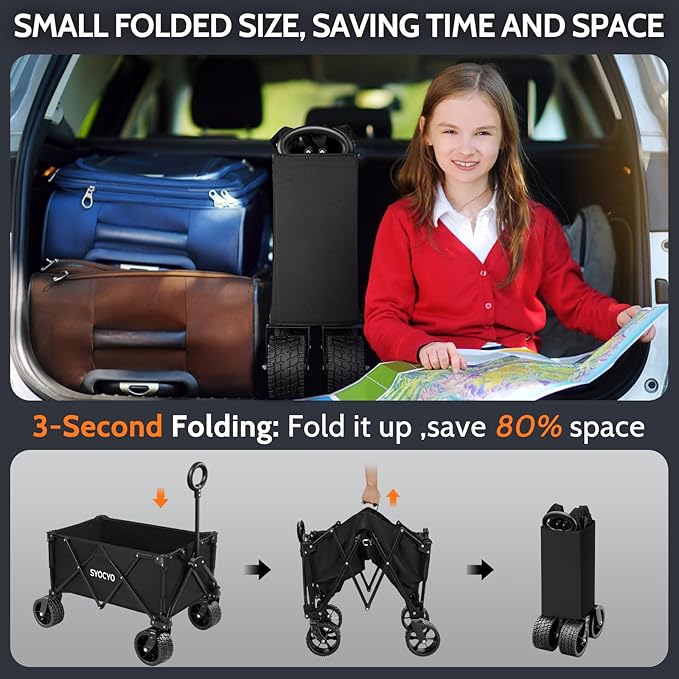 Collapsible Wagon with Big Wheels, Beach Wagons Carts Foldable with All-Terrain Wheels, Large Weight Capacity Heavy Duty Carts with Cup Holders for Camping, Garden, Sports, Grocery Black