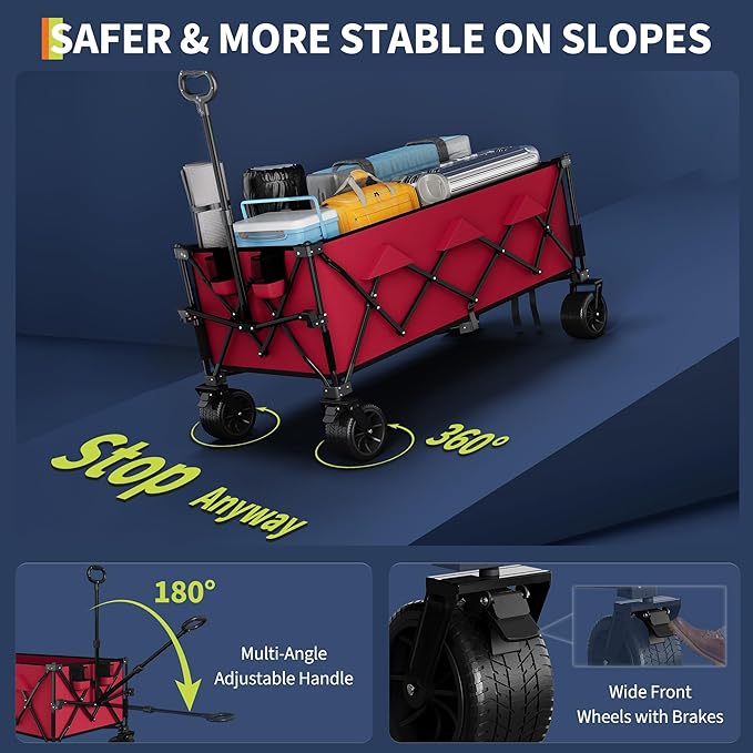 Heavy Duty Foldable Wagon for Beach, Extra Large Collapsible Foldable Wagon for Camping, All Terrain Beach Wagons Extended with Cup Holders for Sand