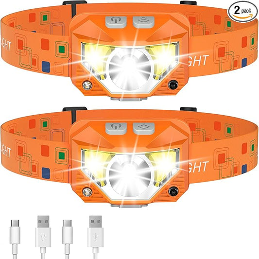 LHKNL Headlamp Flashlight, Lumen Ultra-Light Bright LED Rechargeable Headlight with White Red Light,2-Pack Waterproof Motion Sensor Head Lamp,8 Mode for Outdoor Camping Running Fishing- Orange