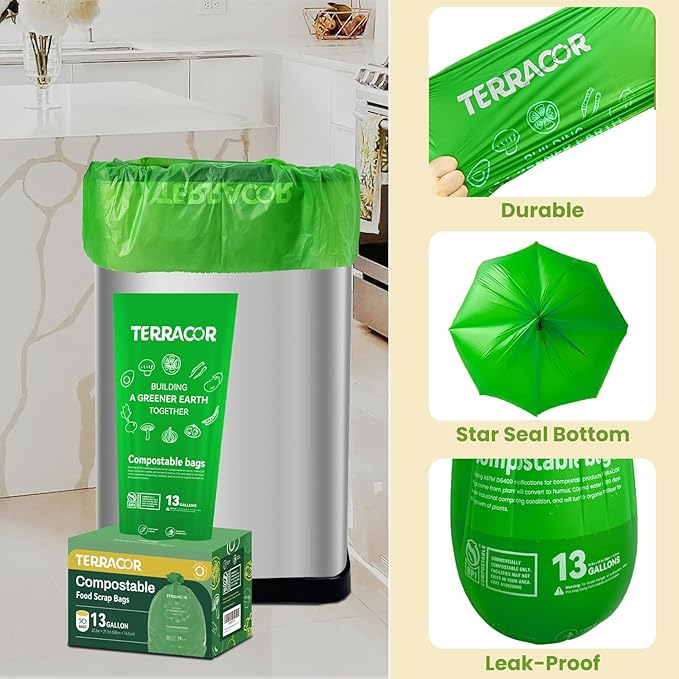 13 Gallon Compostable Trash Bags,50 Count, Heavy Duty Tall Kitchen Food Scrap Waste Bag,Certified BPI and ASTM D6400 Standard