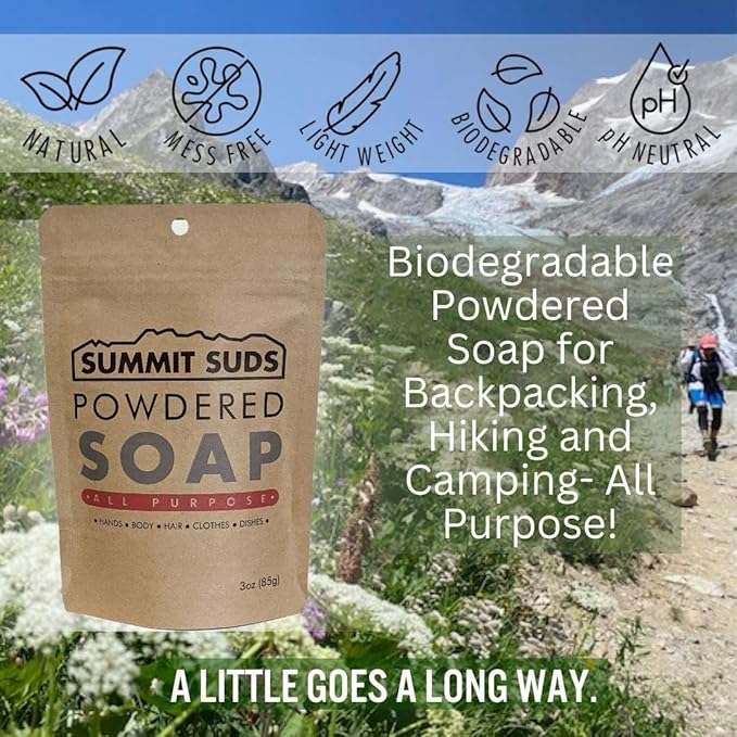 Outdoor Powdered Soap - Light Weight Backpacking soap for All Outdoor Recreation Like Hiking and Camping.