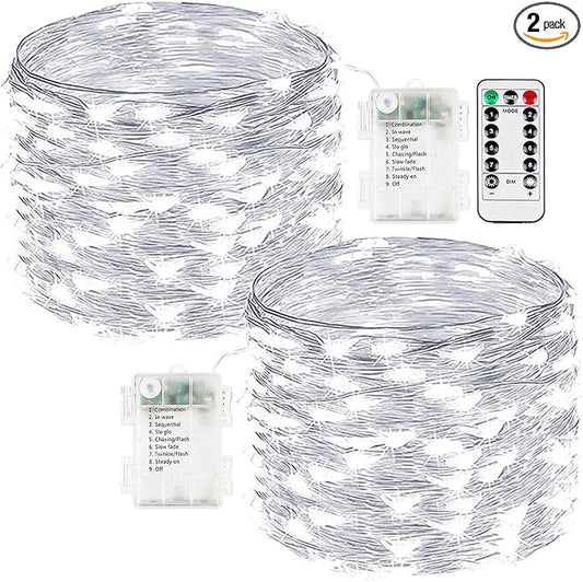 2-Pack Fairy Lights Battery Operated with Remote, Waterproof 33FT 100 LED Battery String Lights Outdoor Indoor, 8 Modes Twinkle Lights with Timer for Bedroom Wedding DIY Christmas Decor (Cool White)