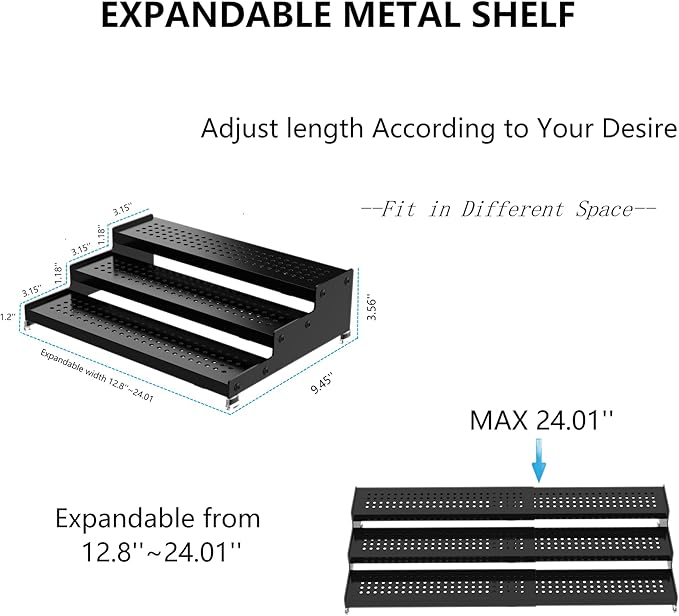 Expandable Spice Rack organizer with 3-Tier step shelf,Modern Design heavy duty,Non Skid and Visibility,Great for Kitchen Cabinet, Pantry and more(1PACK/BLACK)