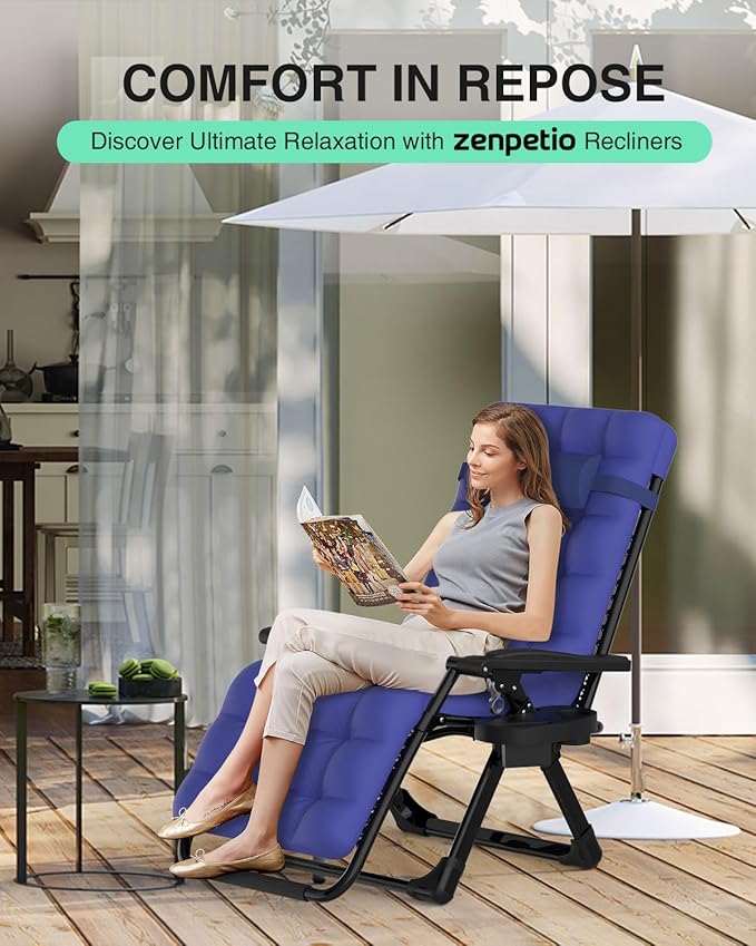 ZENPETIO Zero Gravity Lounge Chair, Foldable Outdoor Recliner with Detachable Cushion, Portable Anti Gravity Lounger for Camping, Patio, Poolside, Lawn - Royal Blue