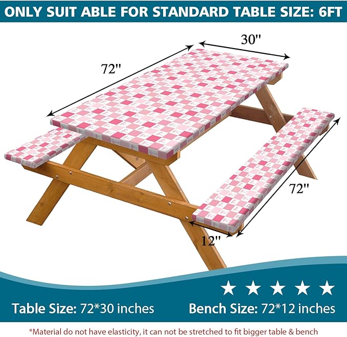 Picnic Table Cover with Bench Covers, Checkered Bownot Elastic Edges Waterproof Windproof Camping Essentials, Camping Fitted Tablecloth with Drawstring Bag, 72in, Pink White