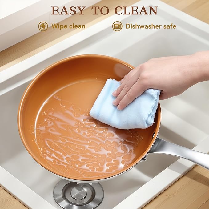 Ceramic Frying Pan, 9.5 Inch Nonstick Pan without PFAS, PTFE, or PFOA, Stainless Steel Base Ceramic Skillet for All Cooktops, Oven & Dishwasher Compatible