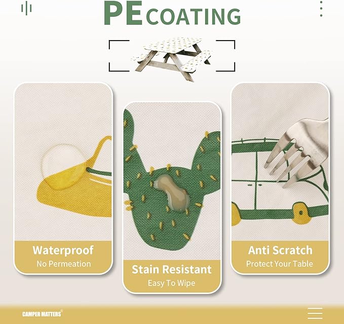 Picnic Table Cover and Bench Covers, Fitted Tablecloth Cover with Elastic Edge, Water and Oil Proof, for Outdoor, Garden, Camping, 72x28 Inch, 3 Pieces Set, Blue & White, Camping Cartoon