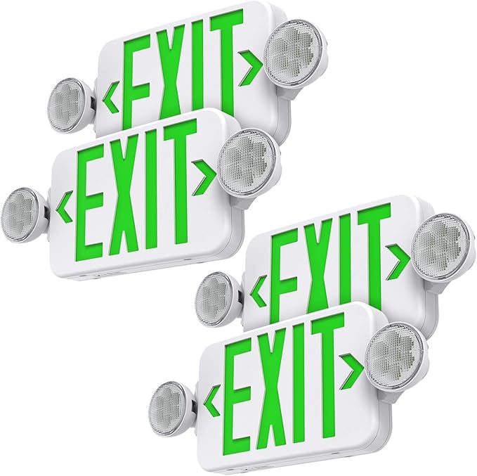 Green Led Exit Sign Emergency Light Combo Adjustable Two Head, Double Sided and Battery Backup Exit Light, Contractor Select, AC 120/277V (4 Pack)
