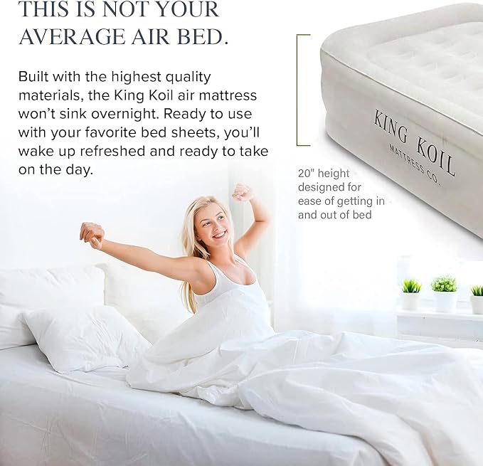 King Koil Plush Pillow Top Twin Air Mattress with Built-in High-Speed Pump for Camping, Home & Guests - 20” Twin Size Airbed Luxury Inflatable Blow Up Mattress, Waterproof, 1-Year Warranty