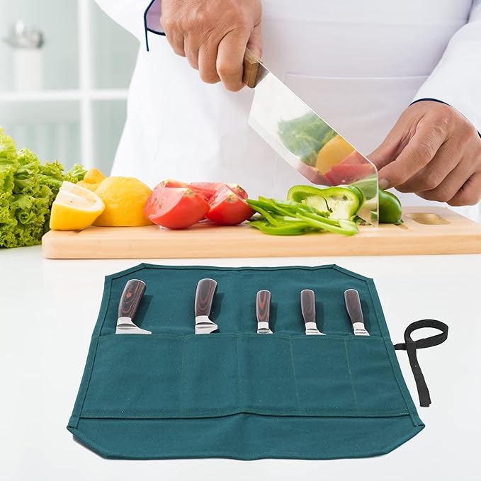 Kaaltisy Chef Knife Roll Bag, Heavy Duty 16oz Waxed Canvas Knife Storage Case, Knife Carrier Roll with Cut Resistant Fabric, 5 Slots Knife Bag with Tie Rope - Dark Green