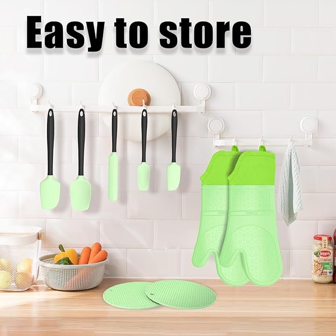 Oven Mitts with Heat-Resistant Hot Pads and Five Silicone Spatulas Designed for Kitchen Baking Cooking, Oven Glove Soft Cotton Lining, Waterproof, BPA-Free (Fluorescent Green, 15.7)
