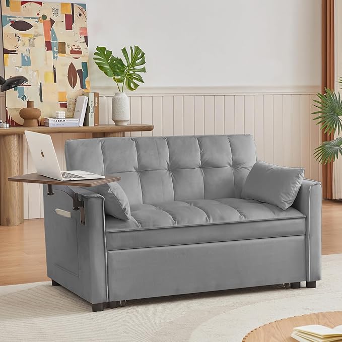 3-in-1 Convertible Sleeper Sofa Bed,Pullout Couch with 360° Swivel Side Table, Modern Chenille Fabric, Easy to Assemble, Folding Loveseat Sofa Bed for Living Room & Guest Room