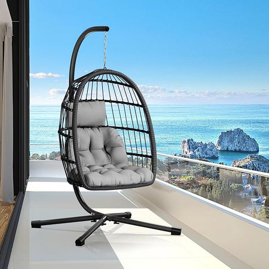 Egg Chair with Stand,Patio Rattan Wicker Hanging Swing Egg Chair Hammock Chair for Bedroom Porch Garden,Thickened Aluminum Alloy Steel Frame and UV Resistant Cushion,350LBS Capacity