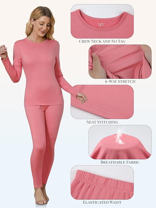 VZV Thermal Underwear for Women, Long Johns for Women Thermal Sets Fleece Lined Base Layer Top and Bottom Set