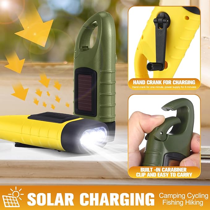 Leelosp 9 Pieces Hand Crank Flashlight Solar Powered Flashlight for Emergencies Dynamo Rechargeable LED Survival Light for Outdoor Sports Hiking Camping(Green,Yellow)