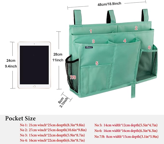 Surblue Caddy Hanging Organizer Bedside Storage Bag for Bunk and Hospital Beds, Green, L