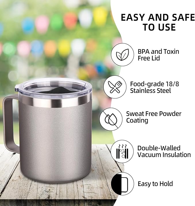 Volhoply 14oz Insulated Stainless Steel Coffee Mug with Leakproof Lid,Double Wall Vacuum Travel Coffee Cup with Handle,Reusable Metal Cups Tumbler, Camping Mugs Keep Hot/Cold,Ideal Gifts(Gray,1 Set)
