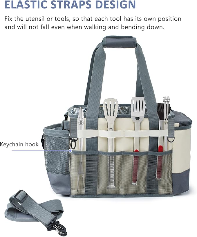 Large Grill Caddy - BBQ/Tailgating Accessories, Insulated Condiment Holder - Camping, Picnic, BBQ, Tailgating, Family Gathering - Ivory-Grey, 1 Gallon, 16"W x 11"D x 11.5"H