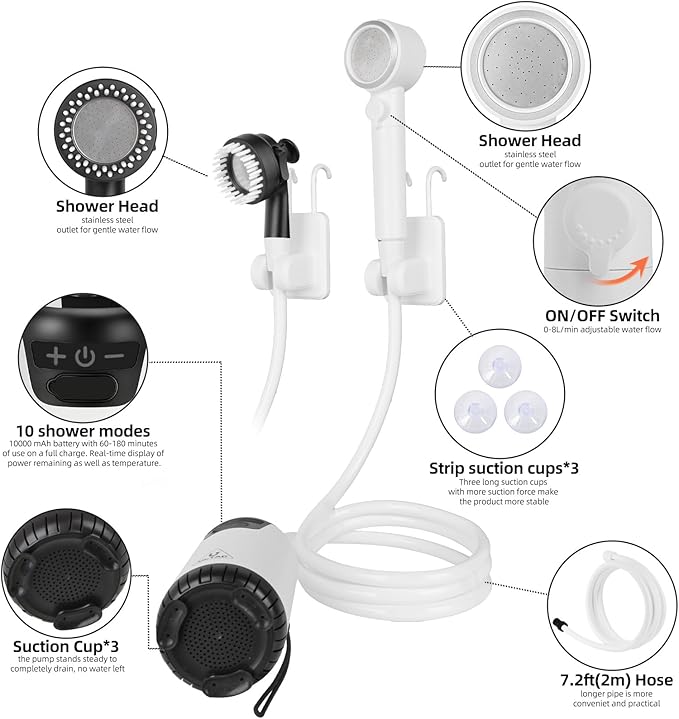 Portable Shower for Camping, 10000mAh Outdoor Electric Shower Pump Rechargeable IPX7 Waterproof Camp Shower with LED Display and 2 Head Nozzle for Camping, Hiking, Travel, Car, Pet