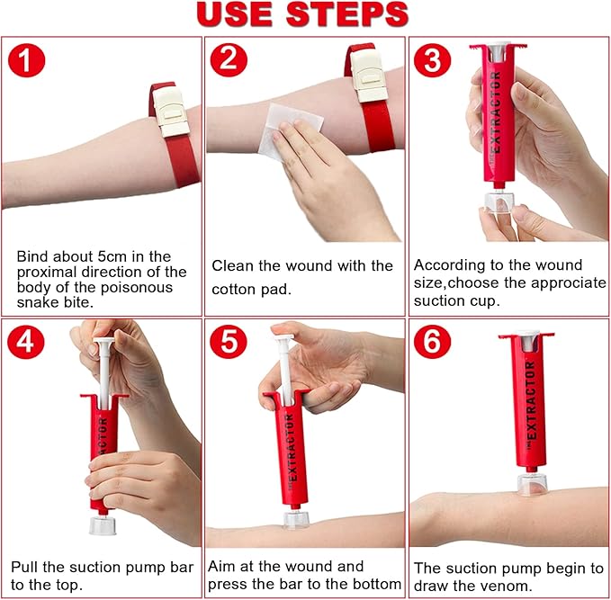 Snake Bite Kit, Bee Sting Kit, Emergency First Aid Supplies, Venom Extractor Suction Pump, Bite and Sting First Aid for Hiking, Backpacking and Camping. Includes Bonus CPR face Shield (Red)