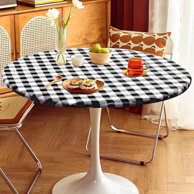 Fitable Vinyl Round Elastic Tablecloth with Flannel Backing - Waterproof Plaid Picnic Table Cover for Indoor Outdoor, Black and White (Fit for 57"-68" Round Tables)