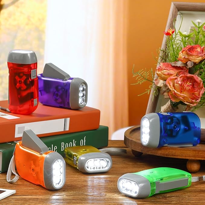 Leelosp 48 Pcs Hand Crank Flashlight No Battery Required Cranked Flashlight Manual Press Flash Light 3 LED Squeeze Light for Camping Hiking Power Outage Gift (Red Blue Purple Orange Yellow Green)