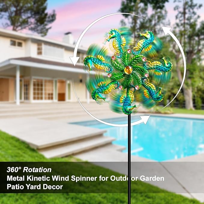 Seahorse Wind Spinners - 39" Ocean-Themed Metal Wind Sculptures Garden Stake Art, 13.5” Windmill Yard Kinetic, Outdoor Decor for Patio & Lawn - Metal Beach Sculpture with Seahorse Design