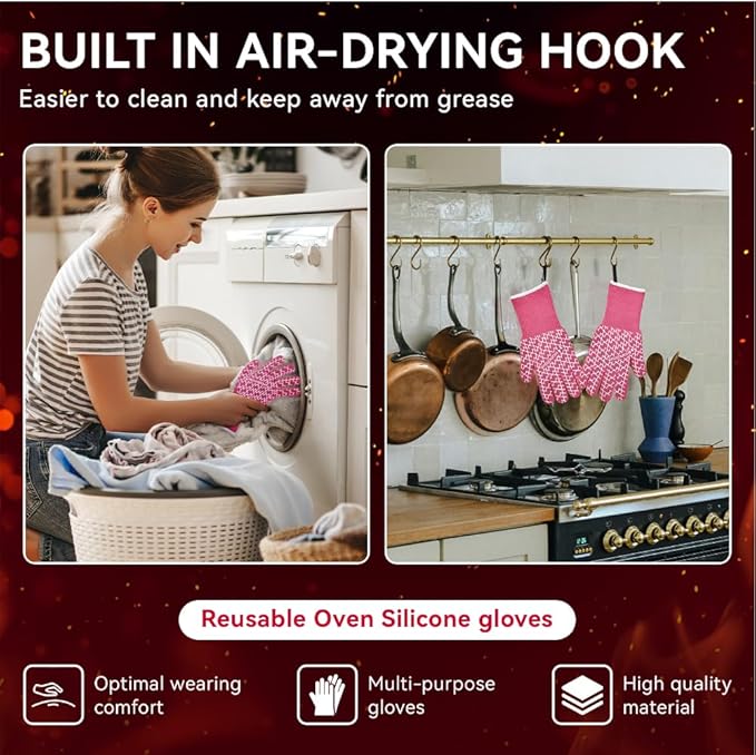 HandLove BBQ Gloves, Oven Gloves with Fingers – Heat Resistant Gloves for Grilling | Silicone Grip, Long Cuff Mitts - Kitchen & Outdoor Barbecue, Cooking, Baking, Pink L