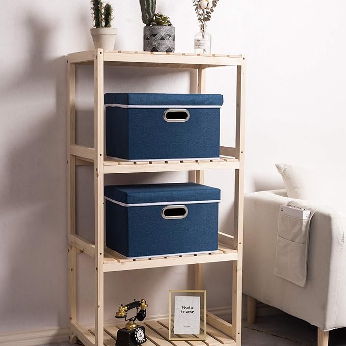 PRANDOM Collapsible Storage Bin with Lid [3-Pack] Fabric Foldable Storage Box Organizer Container Basket Cube with Cover for Home Bedroom Closet Office Nursery Royal Blue(14.9x9.8x9.8)