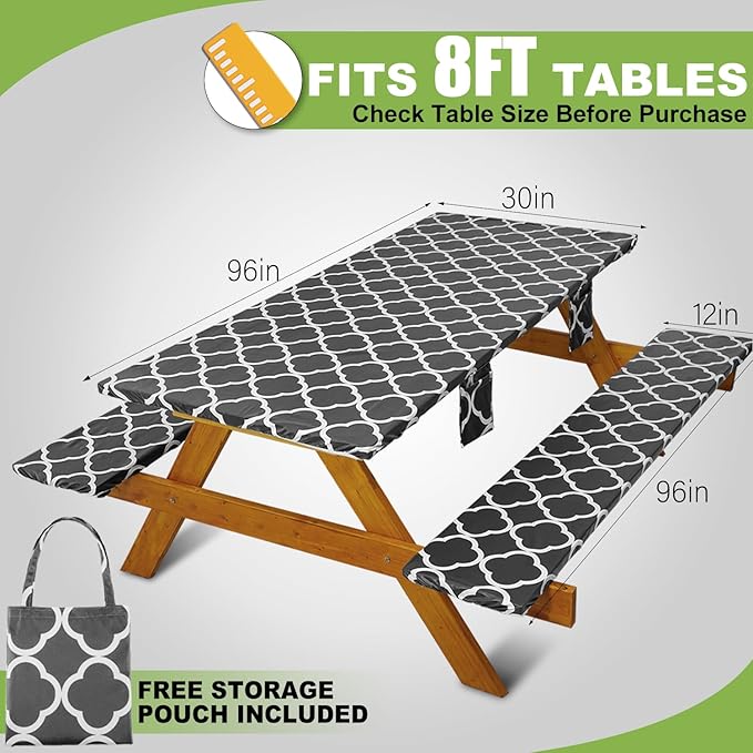 Fitted Picnic Table Cover with Bench Covers Waterproof Elastic Edges Rectangle Patio Tablecloth Outdoor Camping Essentials Stuff Rv Accessories Summer Trip Travel Supplies Party Camper Gifts, 8 ft