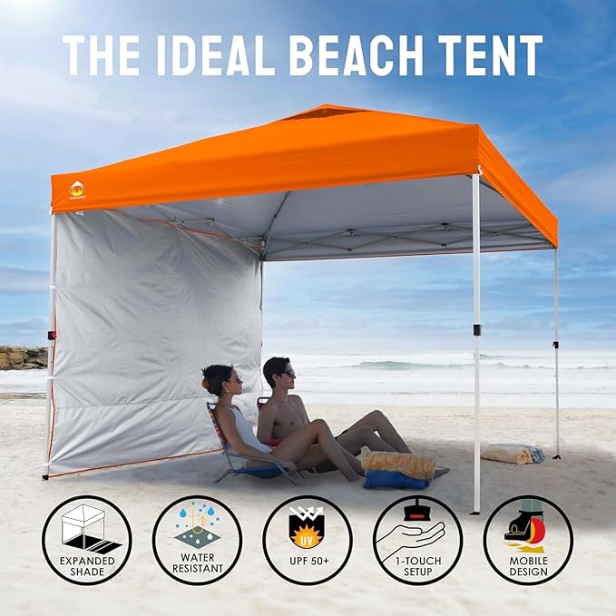 CROWN SHADES 10x10 Pop Up Canopy with 1 Side Wall - Beach Tent with One Push Setup - Outdoor Sun Shade for Events, Parties, Camping - Gazebo with STO-N-Go Cover Bag (Orange)