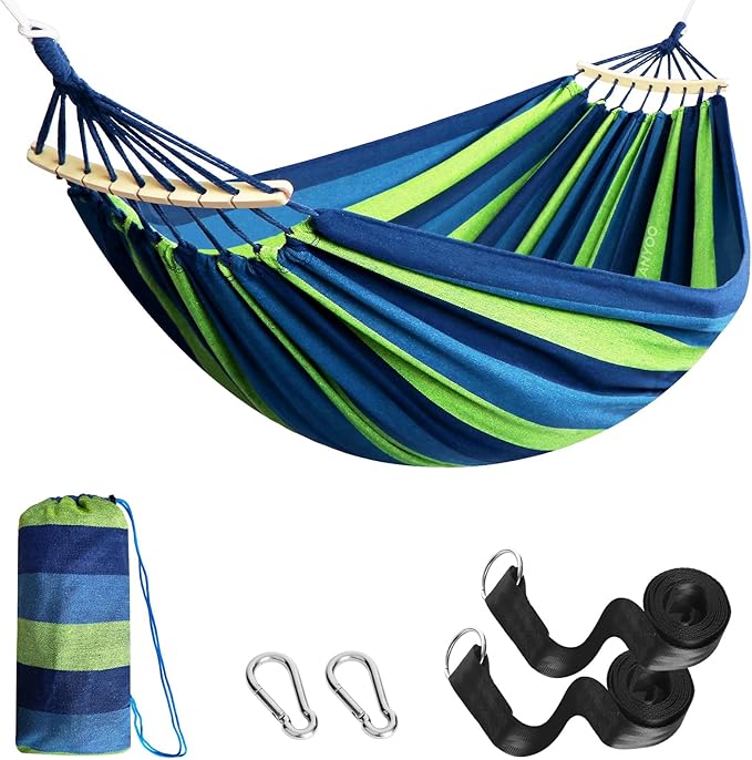Anyoo Garden Cotton Hammock Comfortable Fabric Hammock with Spreader Bar Sturdy Hammocks Up to 450lbs Portable Lightweight Hammocks with Travel Bag for Camping Outdoor/Indoor Patio Backyard