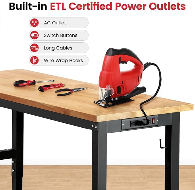 Work Bench for Garage Workbench Adjustable Height Work Table with Pegboard for Shop Woodworking, 60 x 22 Heavy Duty Rubber Wood Top for Office, Home, Commercial