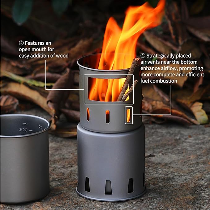 Lixada Camping Stove Titanium Backpacking Wood Burning Stove Portable Folding Camping Wood Stove Lightweight Mini Camp Stove for Outdoor Camping Trekking Hiking Backpacking Picnic BBQ