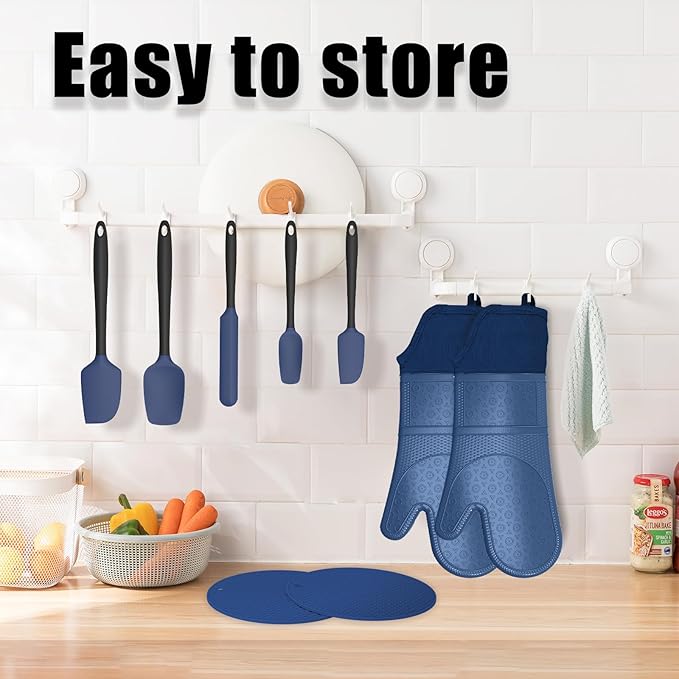 Oven Mitts with Heat-Resistant Hot Pads and Five Silicone Spatulas Designed for Kitchen Baking Cooking, Oven Glove Soft Cotton Lining, Waterproof, BPA-Free (Dark Blue, 15.7)