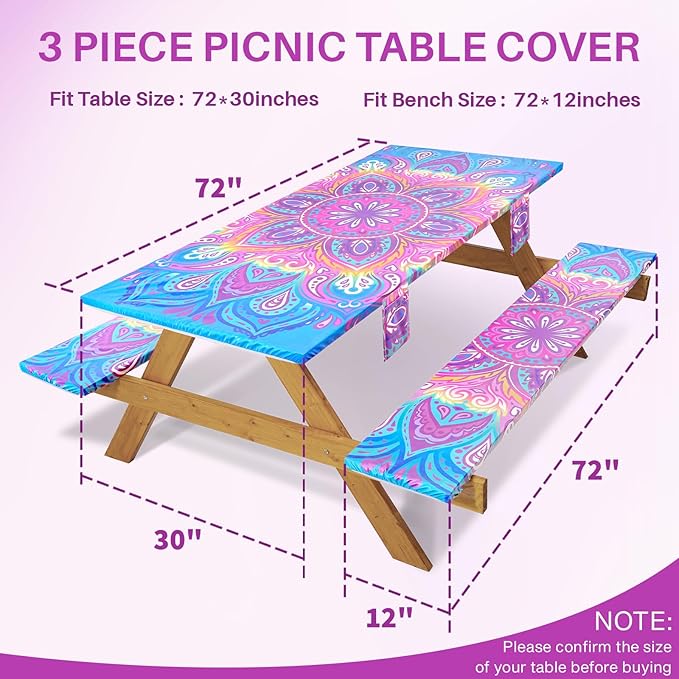 3 Piece Picnic Table Cover with Bench Covers 72x30In Fitted Elastic Heavy Duty Camping Table Cloths Camp Motorhome Gear Garden Festival Stuff Road Trip Outdoors Must Haves Gifts for Mom Dad