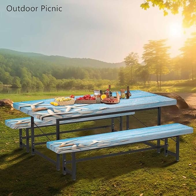 CAPSCEOLL Picnic Table Cover with Bench Covers 8Ft Waterproof Camping Tablecloth Sea Shells Outdoor Table Protector with Drawstring Bag for Camping Essentials, 96X30In, Summer Blue Wood