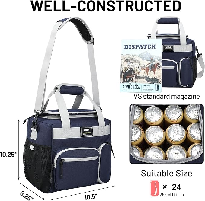 MIER Large Lunch Box for Men Women Adult Insulated Soft Sided Cooler 24 Can Leakproof Lunch Bag Collapsible for Work Travel Camping Beach, 15L (Blue-No Luggage Strap)