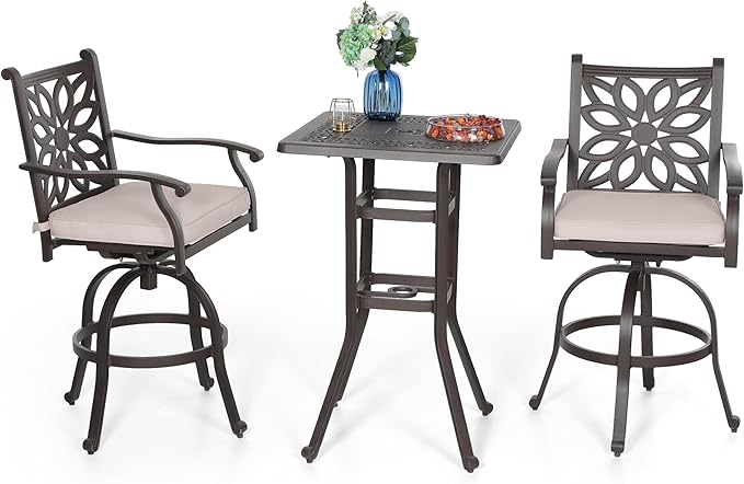 PHI VILLA Cast Aluminum Patio Bar Set with 2 Outdoor Swivel Bar Stools & 42" Pub Bar Height Table (1.96" Umbrella Hole), All Weather Furniture Bistro Table Chairs Set for Lawn, Garden