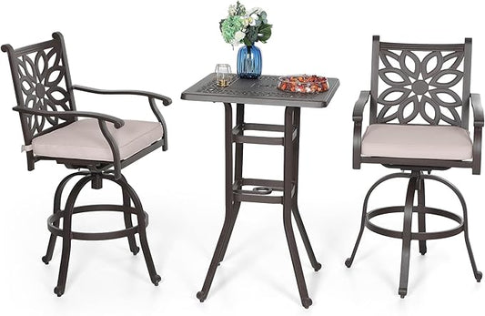 PHI VILLA Cast Aluminum Patio Bar Set with 2 Outdoor Swivel Bar Stools & 42" Pub Bar Height Table (1.96" Umbrella Hole), All Weather Furniture Bistro Table Chairs Set for Lawn, Garden