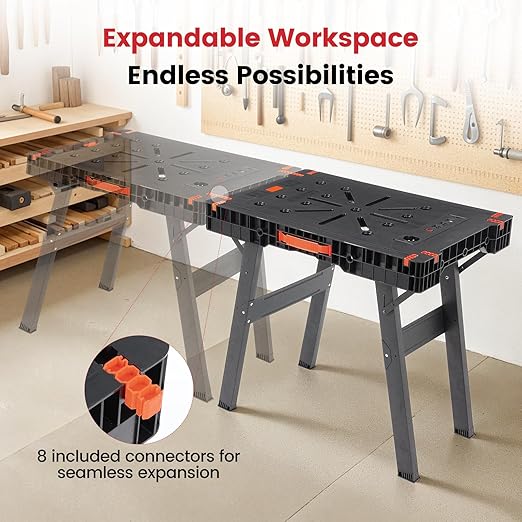 Express Folding Work Table Easy Setup Portable Workbench with 1000lbs Load Capacity Lightweight Versatile Workstation with 2 Clamps, 2 Clamp Dogs, Power Strip for Garage Workshop Home