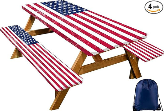 CAPSCEOLL 4Th of July Fitted Picnic Table Cover with Bench Covers 8Ft Waterproof Camping Tablecloth Outdoor Table Protector with Drawstring Bag for Camping Essentials, 96X30In, American Flag