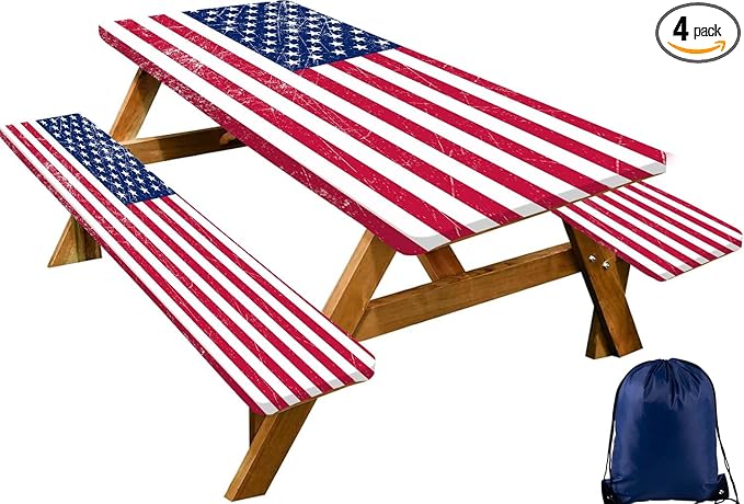 CAPSCEOLL Elastic Picnic Table Cover with Bench Covers 5Ft Waterproof Fitted Picnic Table Cover Cloths for Outdoors Camping Tablecloth with Drawstring Bag, 60X30in, American Flag