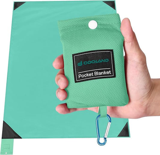 Odoland Beach Blanket Picnic Blanket, 43" x 63" SandProof Waterproof Outdoor Pocket Blanket with Portable Bag, Foldable Lightweight Sand Free Quick Drying Mat for Hiking Camping Travel, Light Green
