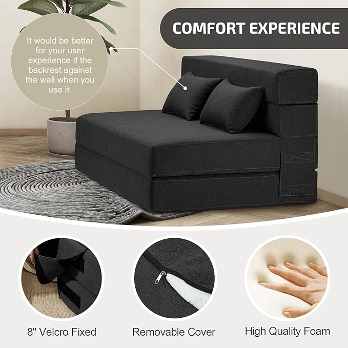 Folding Sofa Bed with Pillows- Convertible Chair Floor Couch & Sleeping Mattress, Foldable Memory Foam Sleeper for Living Room/Dorm/Guest Room/Home Office/Apartment/Loft, Full, Dark Gray